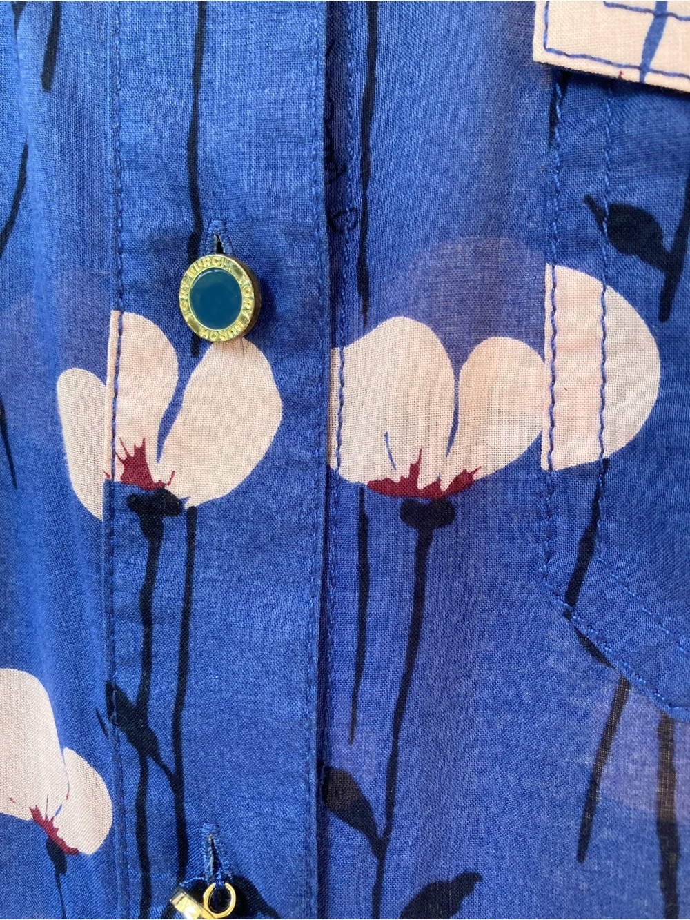 Tory Burch 100% Cotton Blue Button Front Belted Shirt Dress Pink Flower Print - Picture 6 of 14